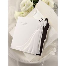 Black and white wedding invitation; bride and groom embossed design with envelopes
